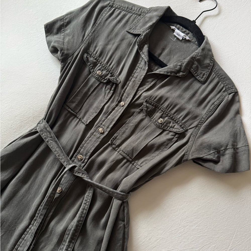 LUCKY BRAND Olive Grey Button-Up Dress with Belt
